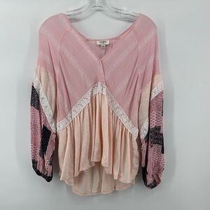 Umgee Pink&Cream Boho Lace Asymmetrical Ruffled Long Sleeve Blouse Sz Large